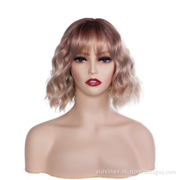 lolita stort fiber ombre pink to blonde natural wave staight bangs soft and comfort synthetic hair wigs for women
